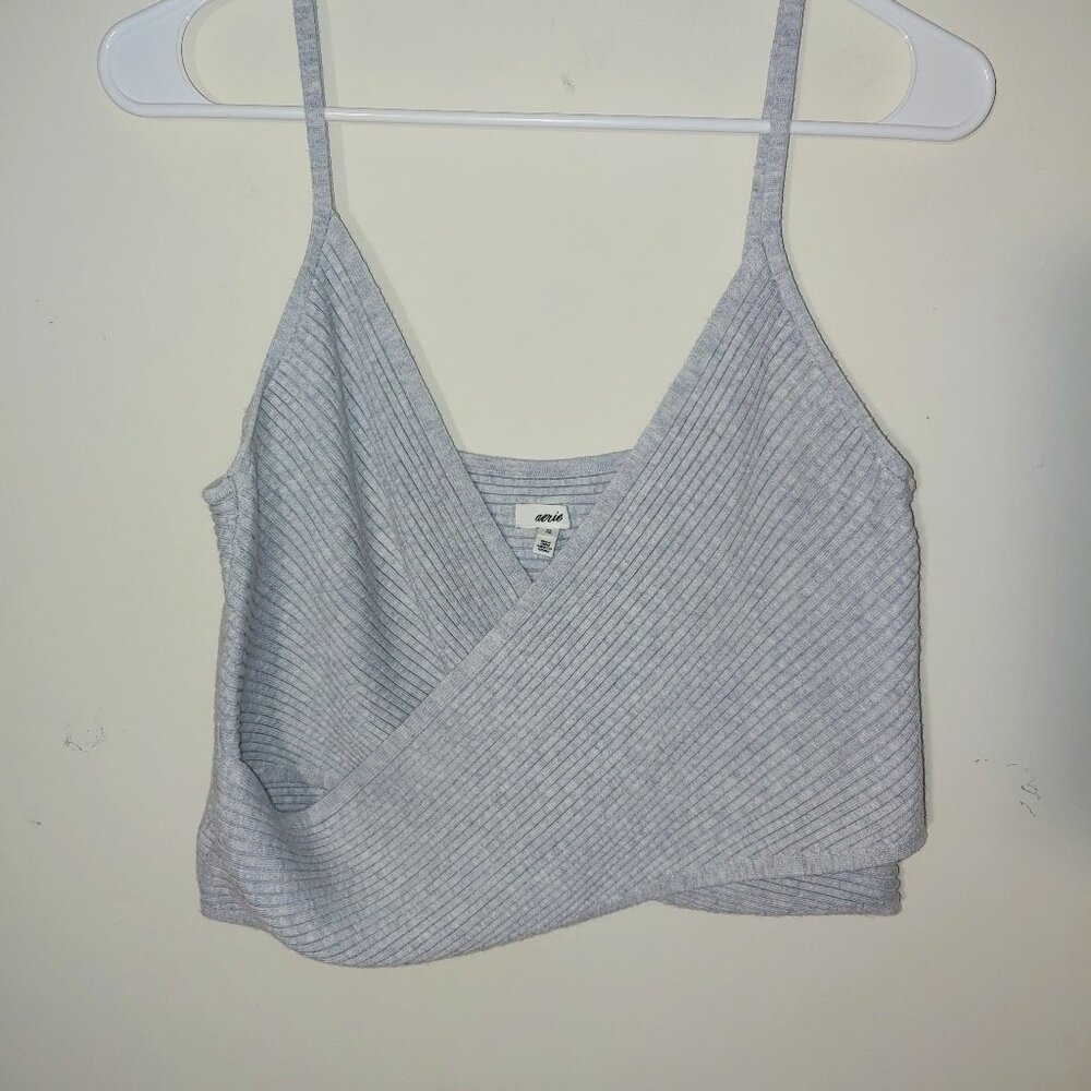 Aerie Cross Front Spaghetti Straps Crop Sweater Tank Top Grey Size XL